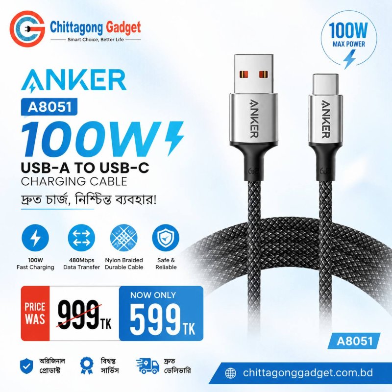 Anker A8051 100W USB-A To USB-C Charging Cable 1.5M