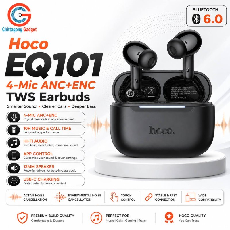 hoco EQ101 Extreme True Wireless ANC+ENC Noise Reduction Bluetooth Earphone(Midnight Black)